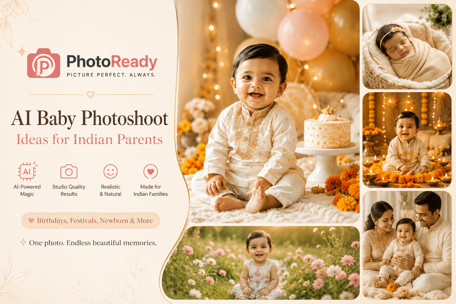 PromptKosh poster for AI baby photoshoot ideas for Indian parents featuring birthday, newborn, festive Diwali, outdoor, and family baby portrait examples.