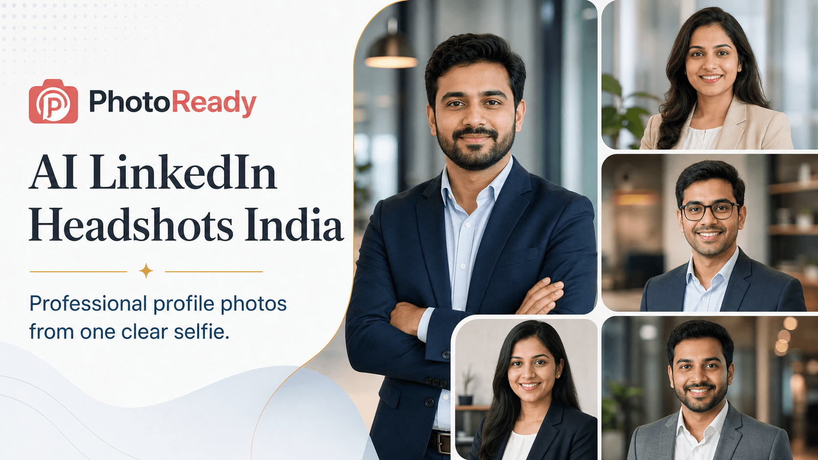 PromptKosh hero poster for AI LinkedIn headshots India showing professional Indian LinkedIn profile photo examples.