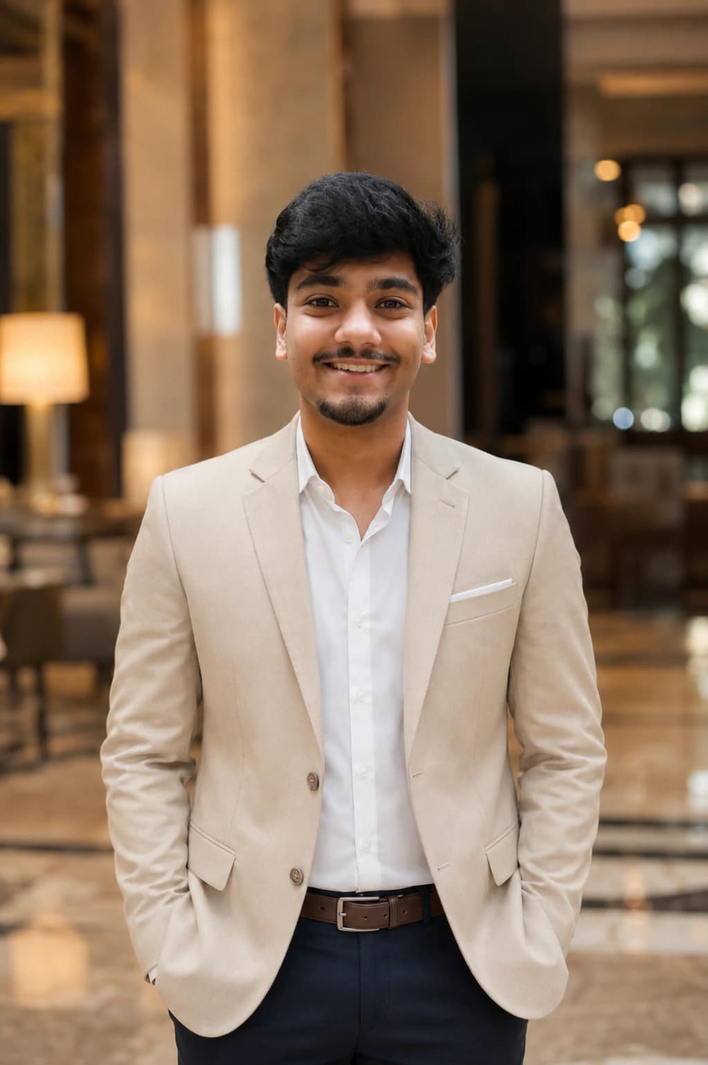 Premium Beige Blazer portrait for marriage or linkedin AI photo prompt example on PromptKosh