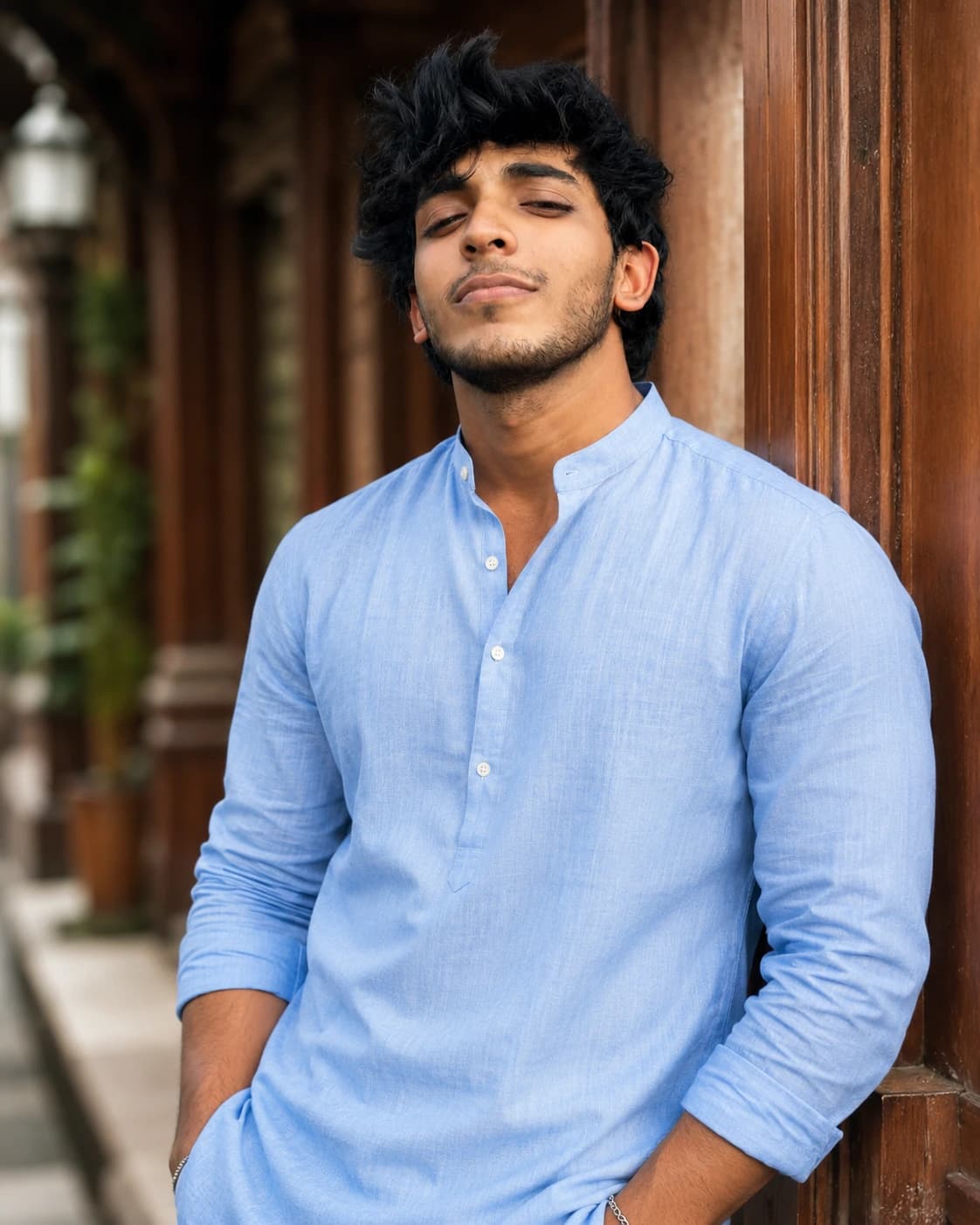 Sky Blue coour kurta portrait for marriage biodata AI photo prompt example on PromptKosh