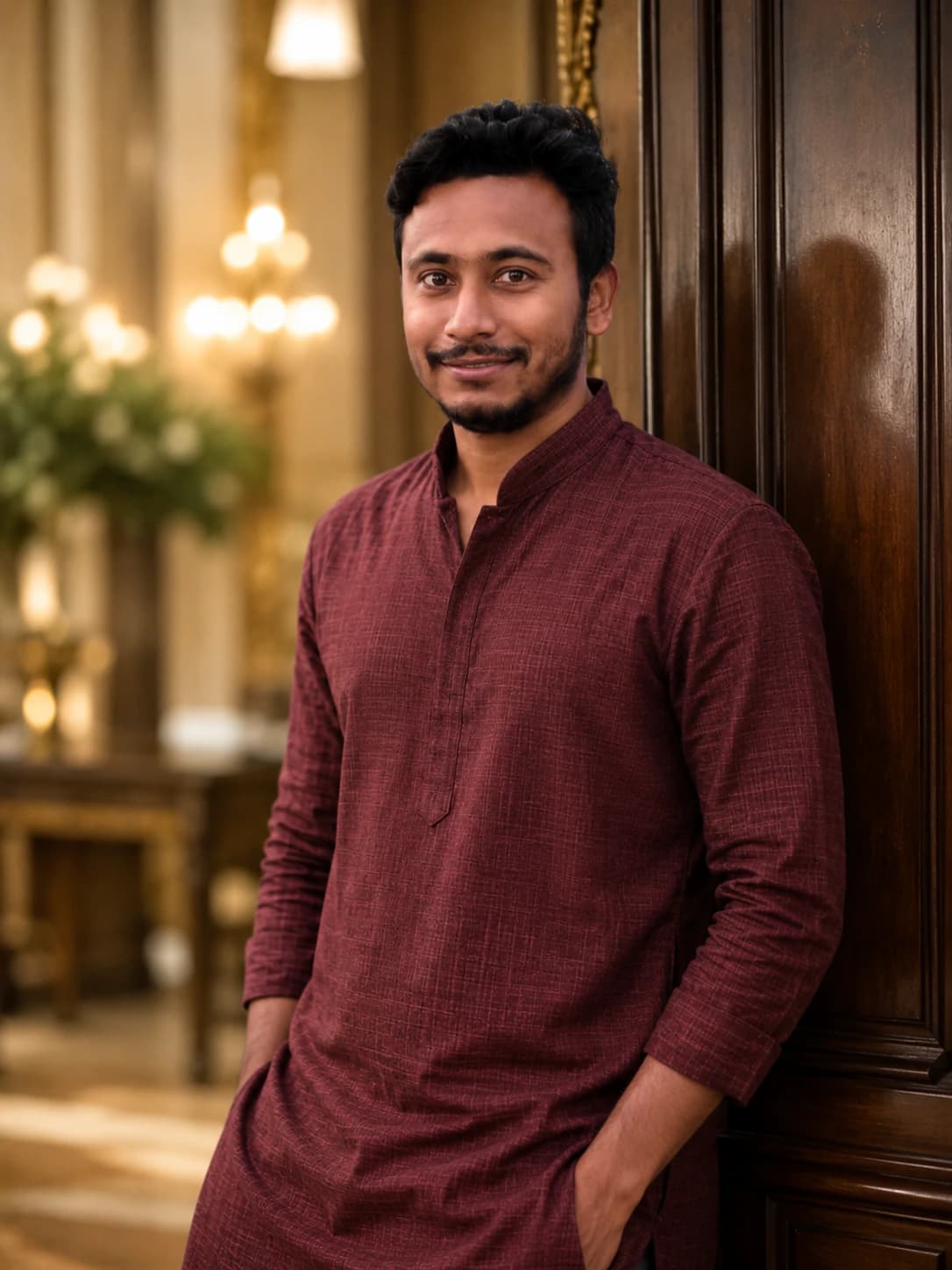 Maroon Kurta portrait AI photo prompt example on PromptKosh
