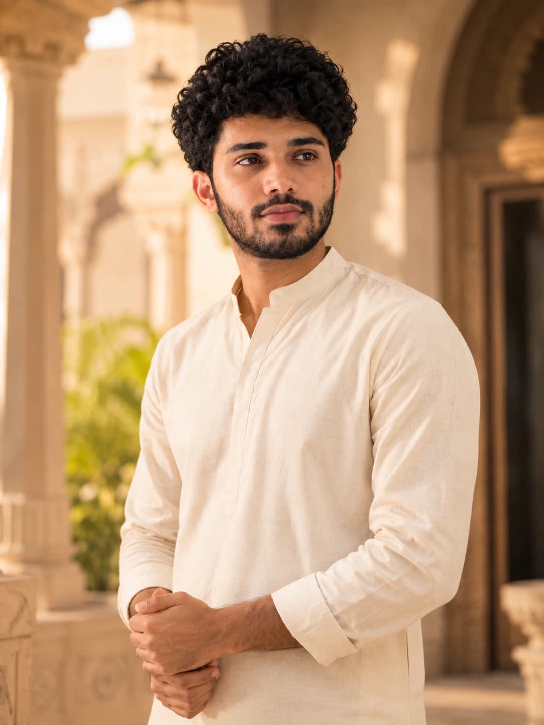 Cream Colour kurta portrait AI photo prompt example on PromptKosh