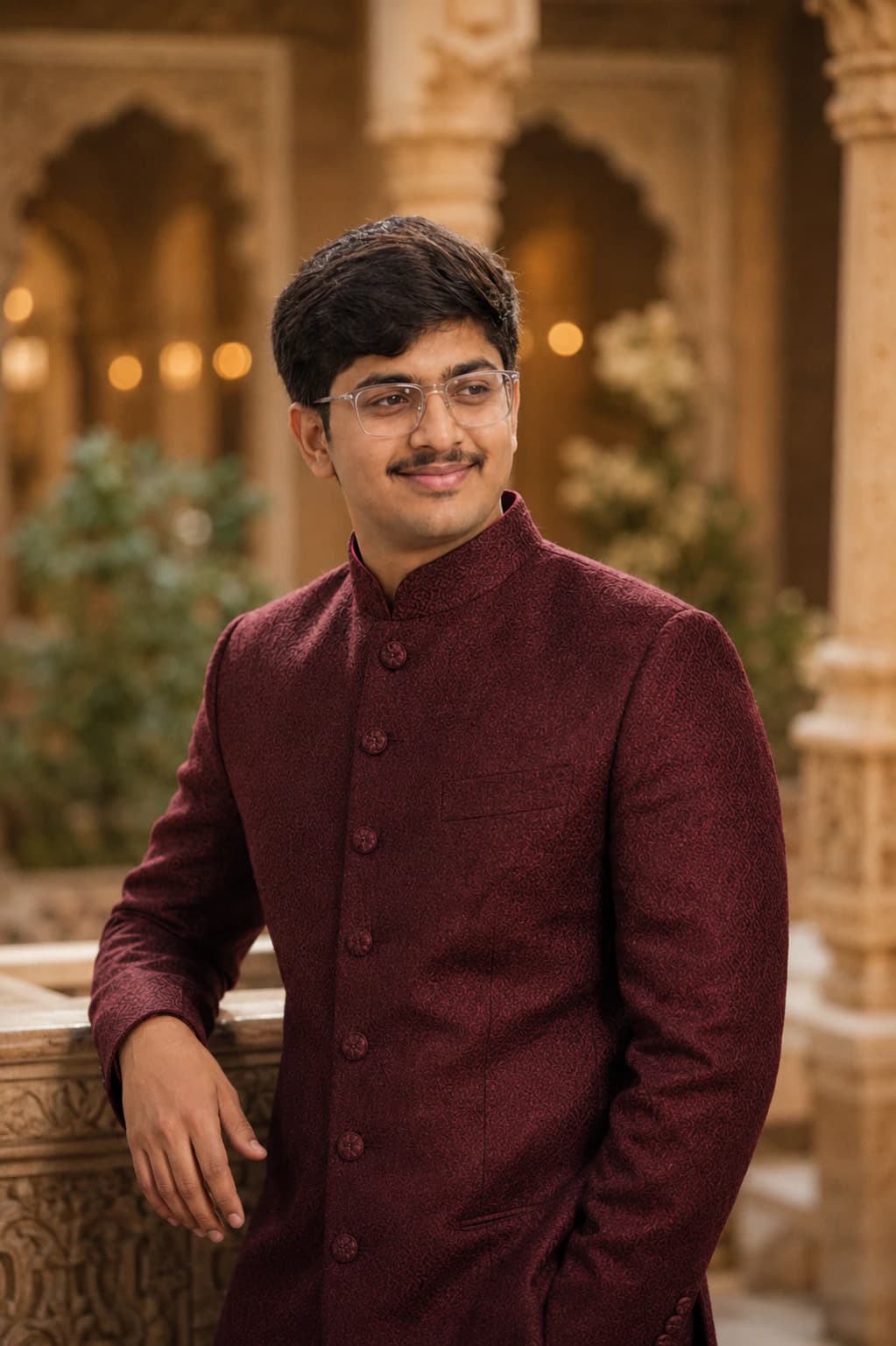 Maroon Sherwani Headshot for wedding AI photo prompt example on PromptKosh