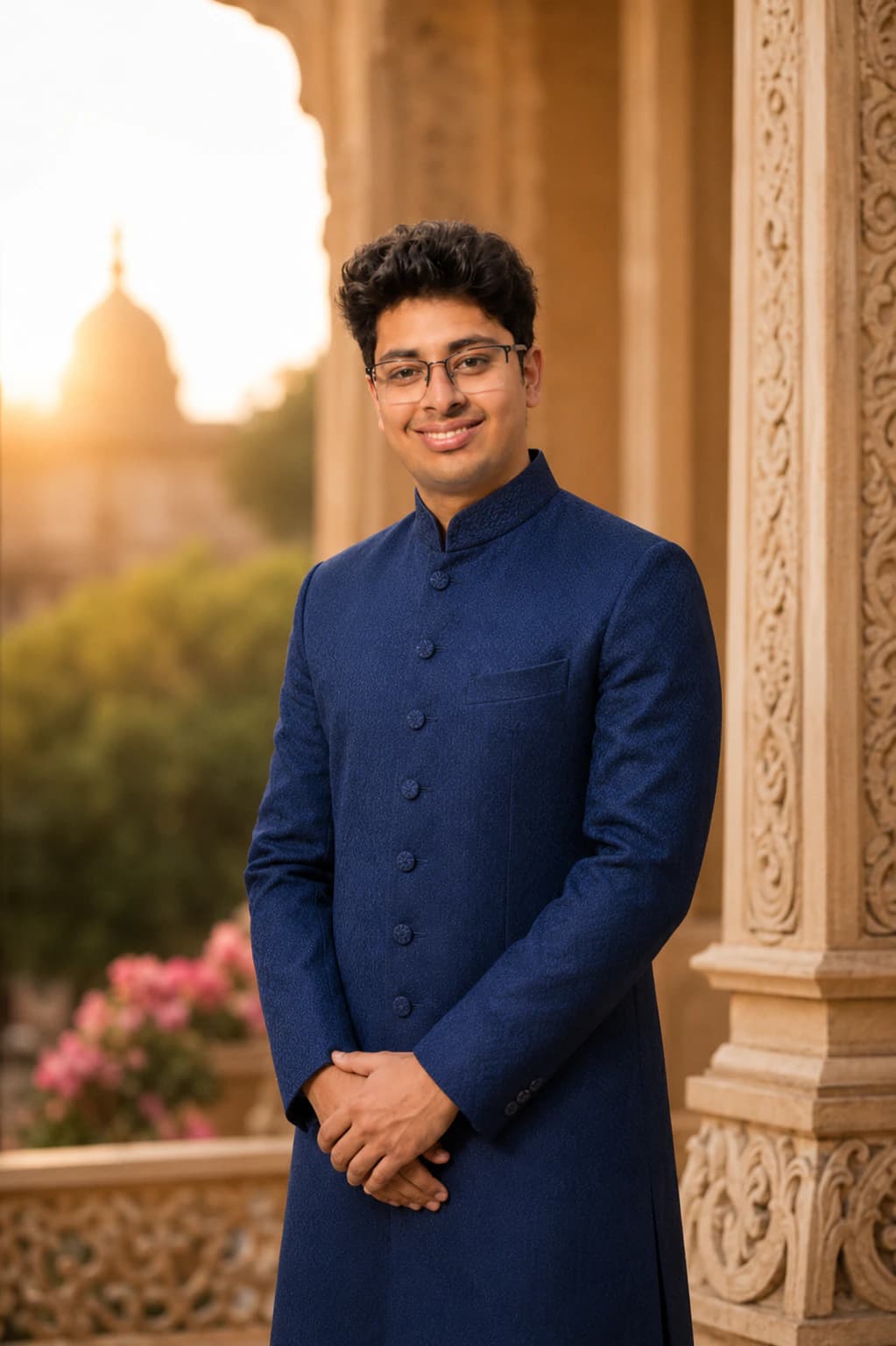 Royal Blue Sherwani headshot for wedding and marriage biodata AI photo prompt example on PromptKosh