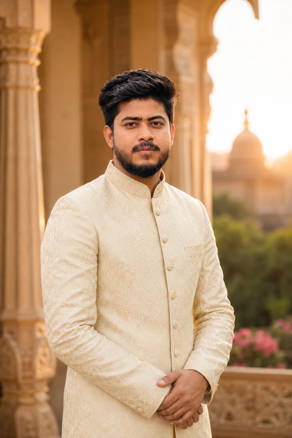 luxury beige sherwani AI photo prompt example on PromptKosh