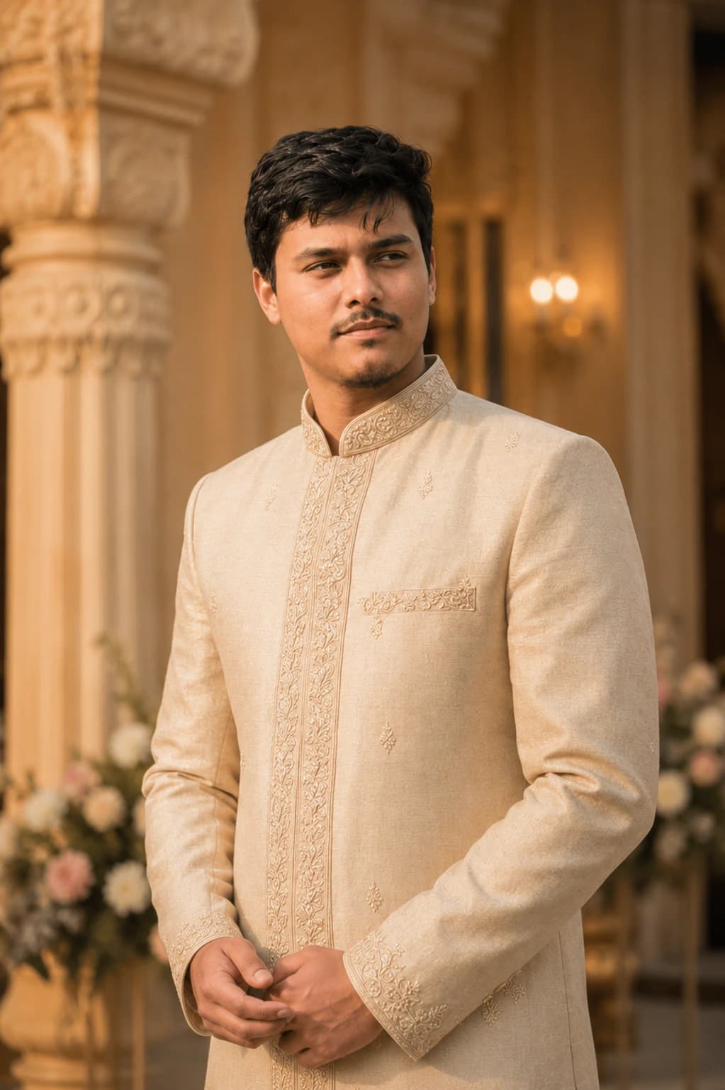 premium cream-gold silk sherwani headshot AI photo prompt example on PromptKosh