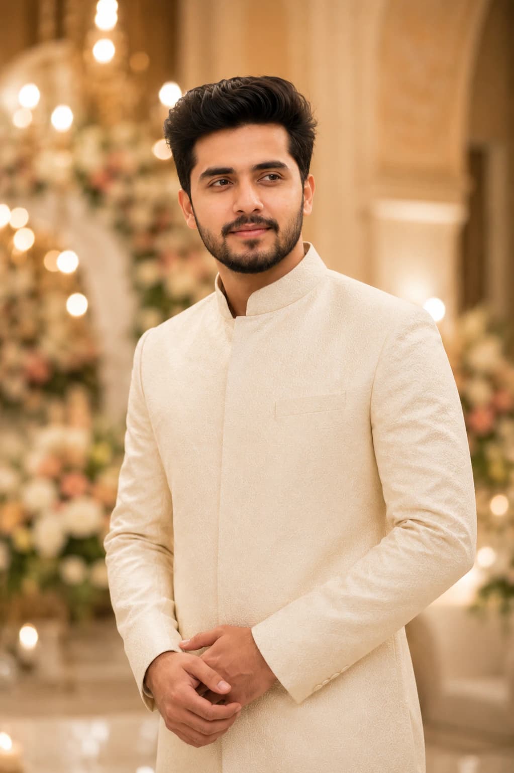 luxury ivory sherwani headshot for marriage AI photo prompt example on PromptKosh