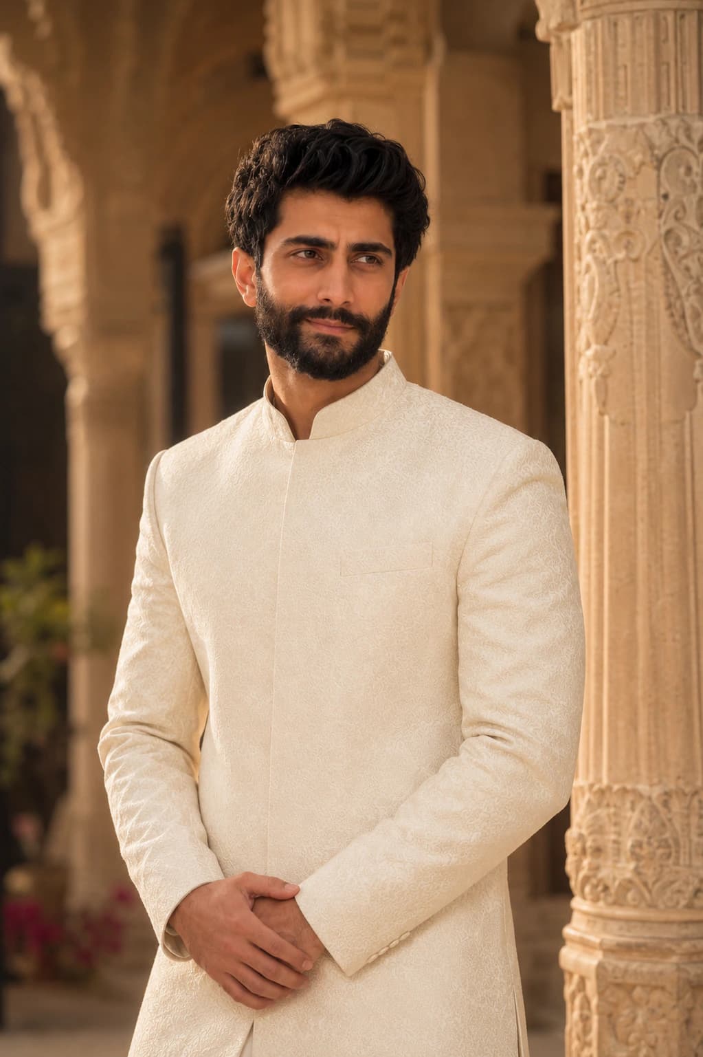luxury ivory sherwani headshot AI photo prompt example on PromptKosh