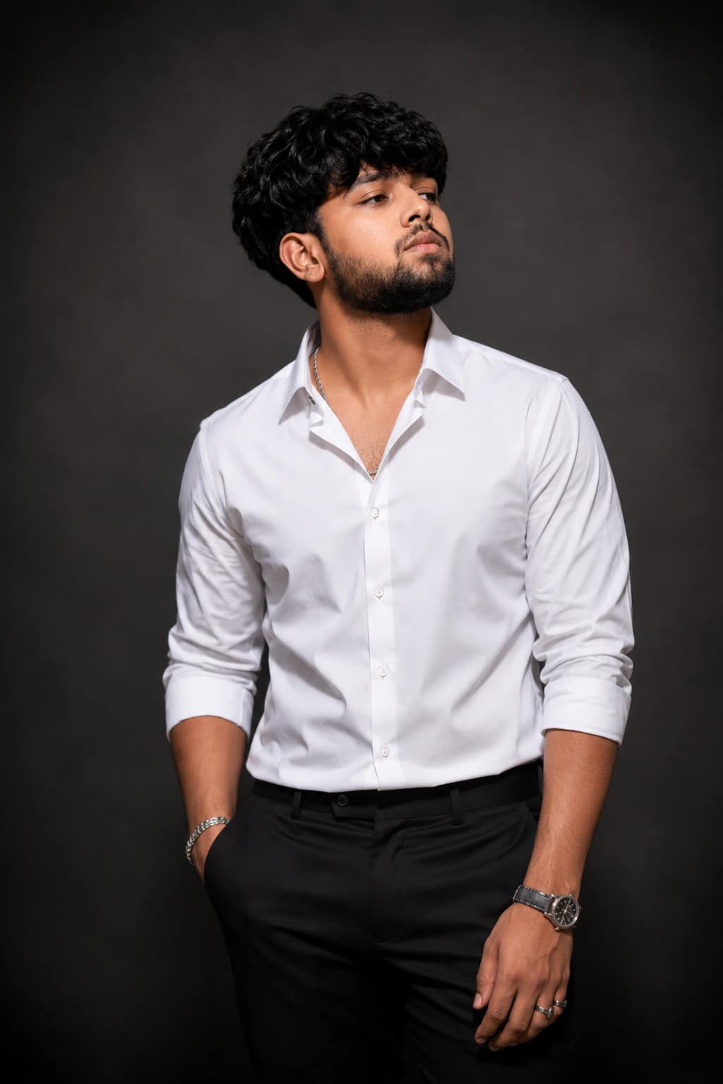 white shirt grey background headshot AI photo prompt example on PromptKosh