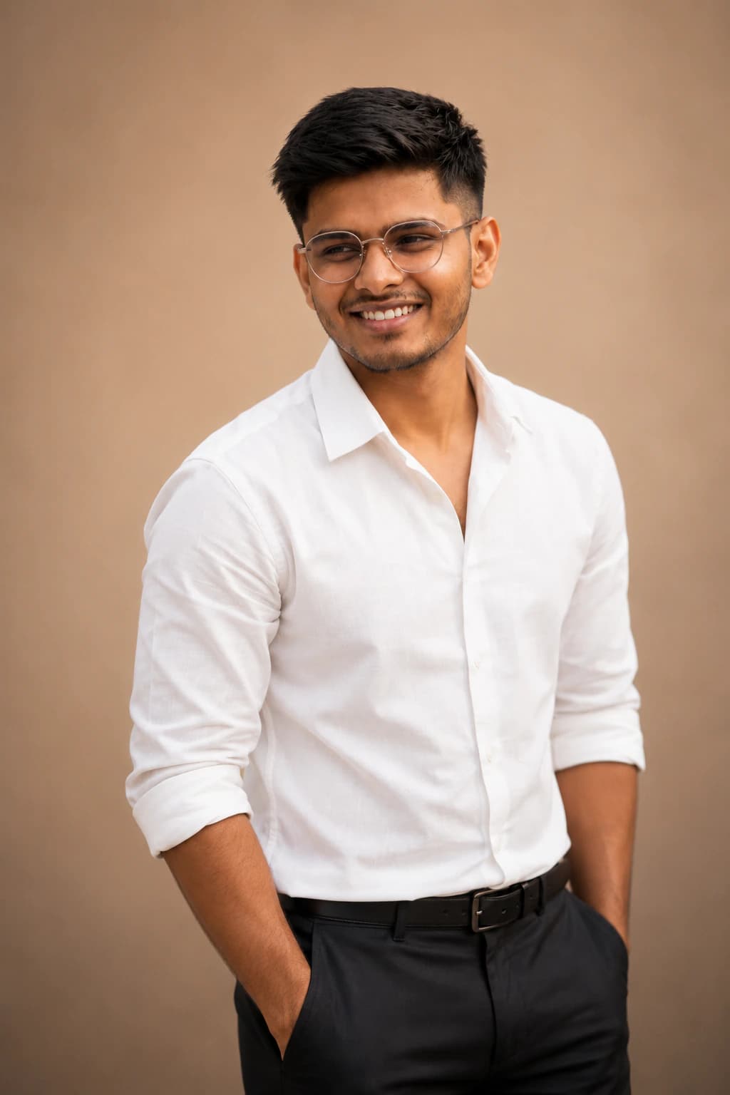 Beige Background yheadshot with white shirt AI photo prompt example on PromptKosh
