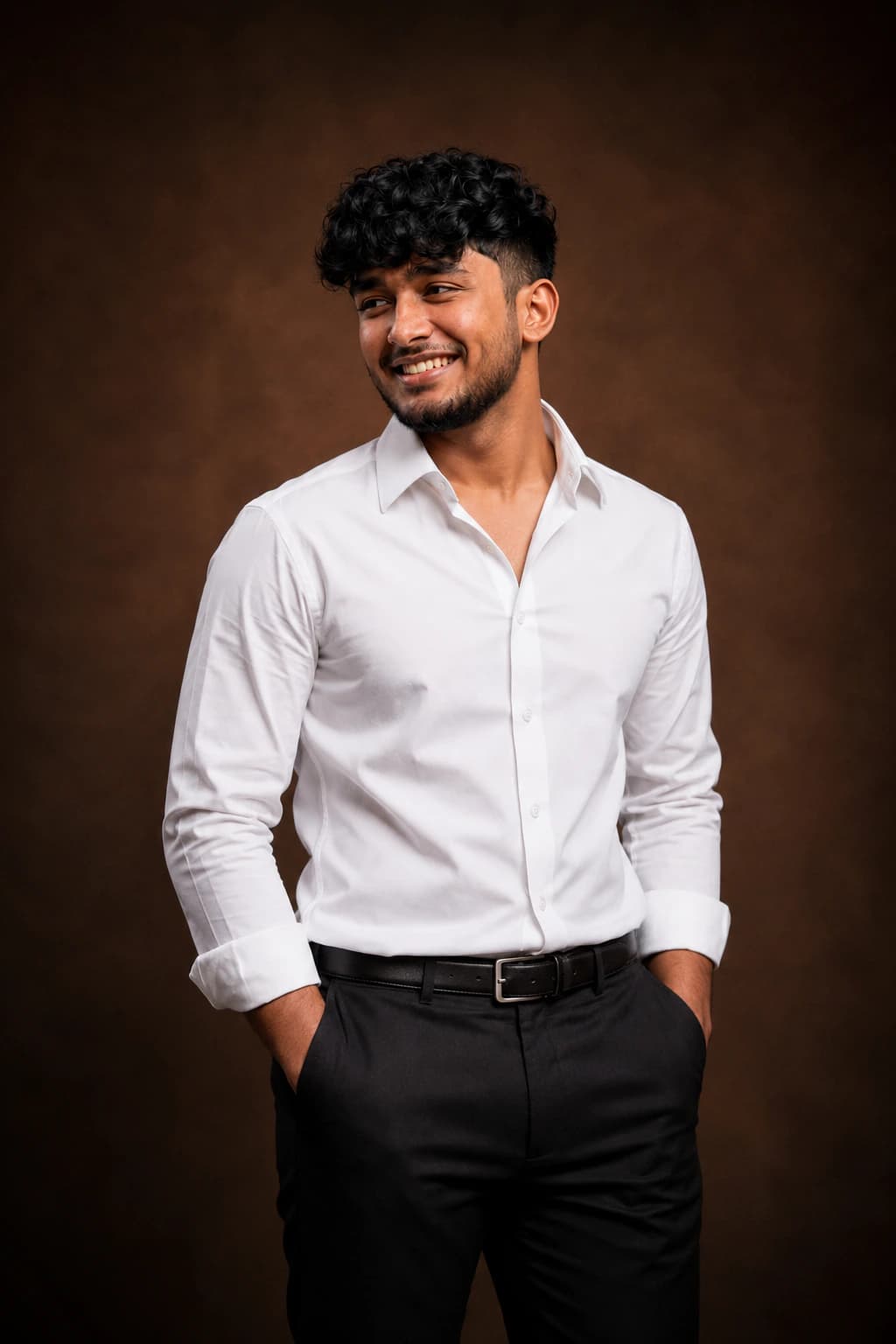 Warm Brown Backgroung earing white shirt headshot AI photo prompt example on PromptKosh