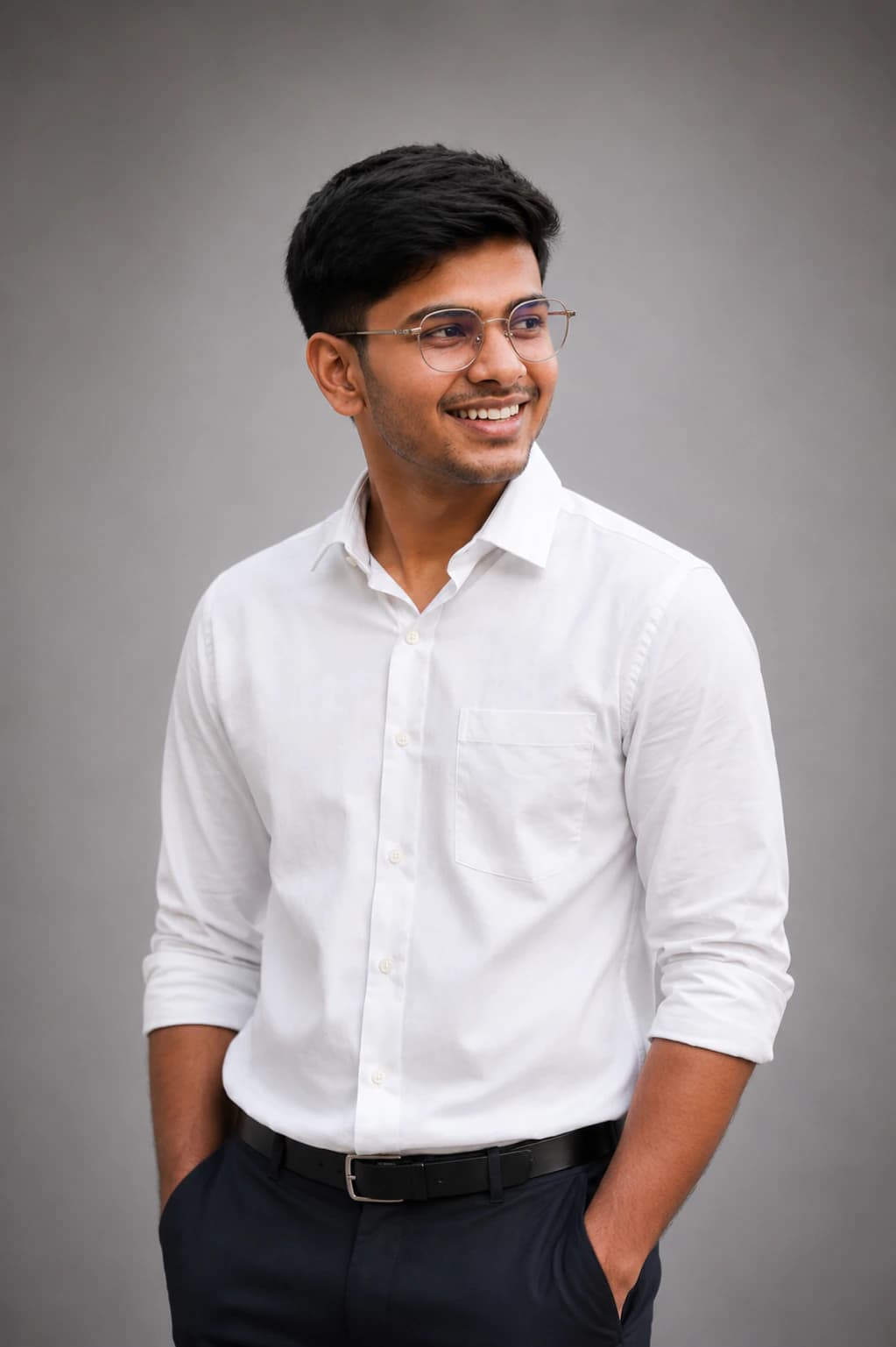 Light grey background with white shirt AI photo prompt example on PromptKosh