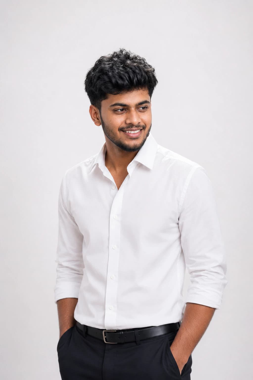 white background headshot wearing white shirt AI photo prompt example on PromptKosh