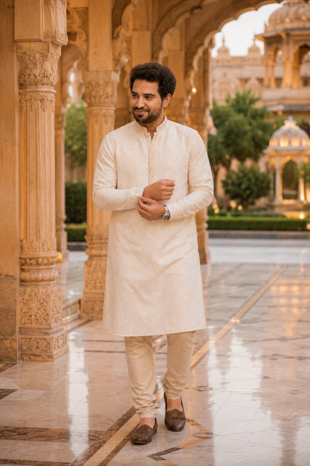 Luxury ivory embroidered kurta paired with beige churidar headshot AI photo prompt example on PromptKosh