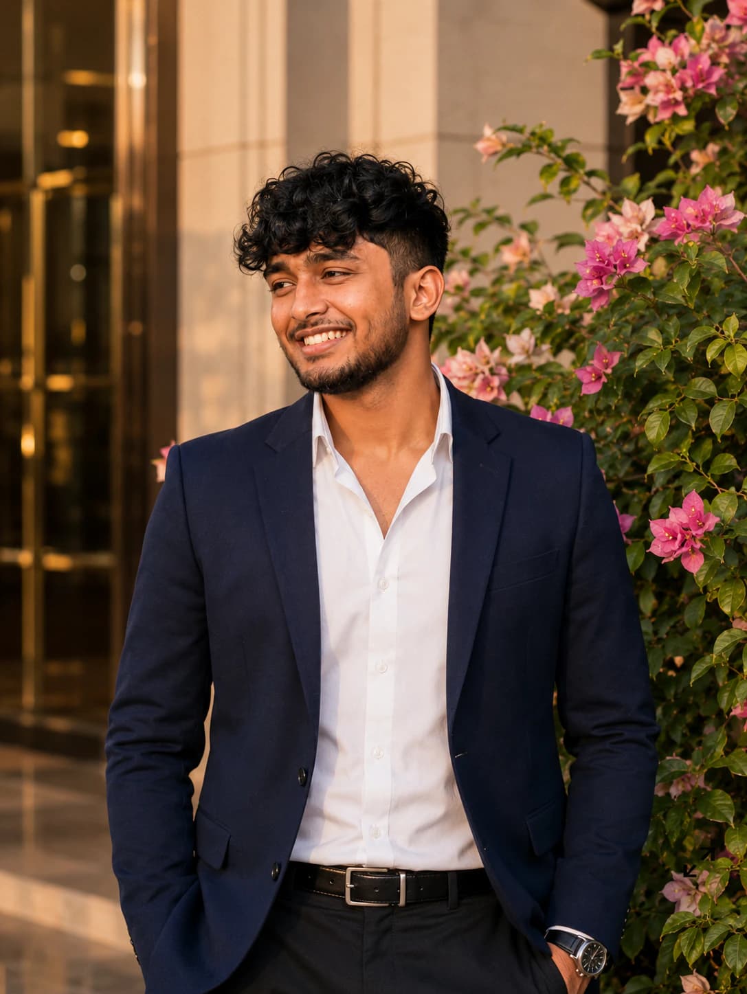 Blue Blazer headshot infront of luxury hotel gate AI photo prompt example on PromptKosh