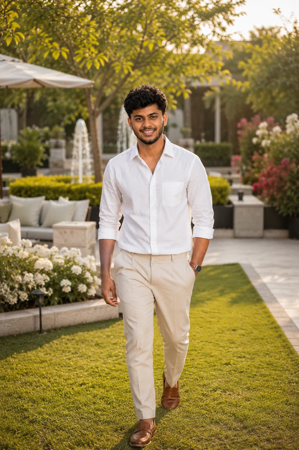Garden headshot with white shirt AI photo prompt example on PromptKosh