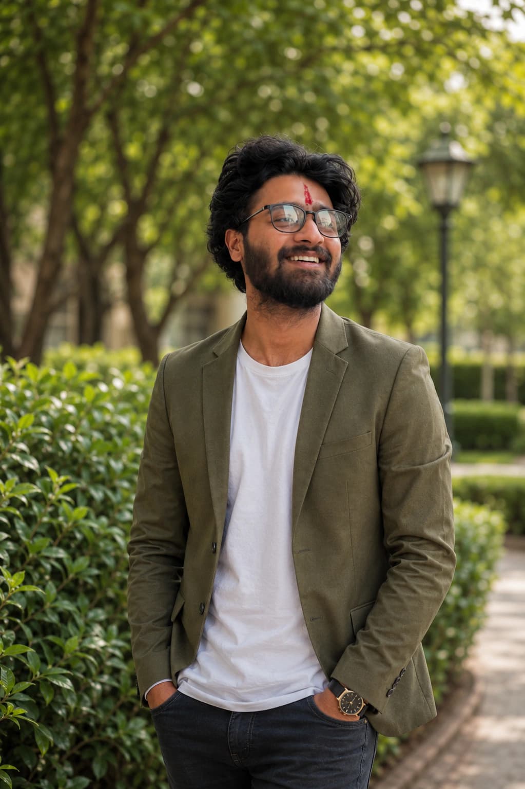 Green Park Walkway Headshot with glasses AI photo prompt example on PromptKosh