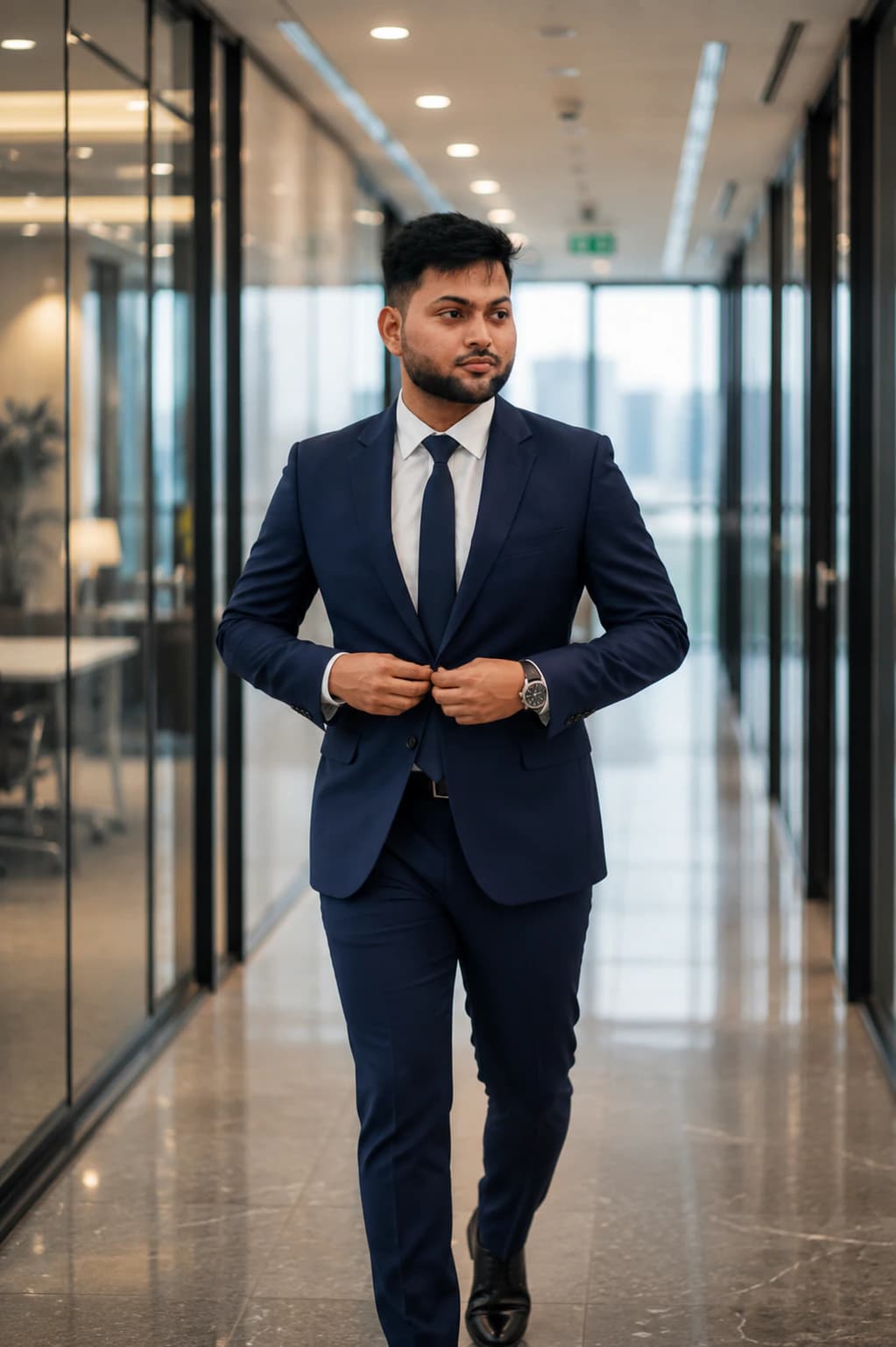 Navy Business Suit Executive AI photo prompt example on PromptKosh