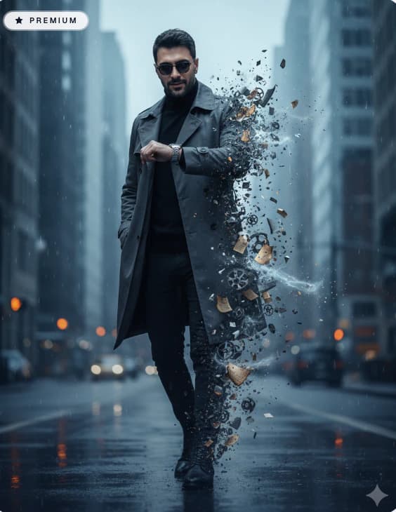 Cinematic Disintegration Walk AI photo prompt example on PromptKosh