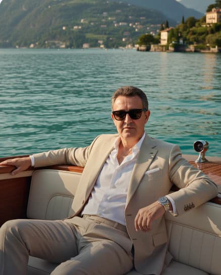 homem elegante num barco AI photo style example on PromptKosh
