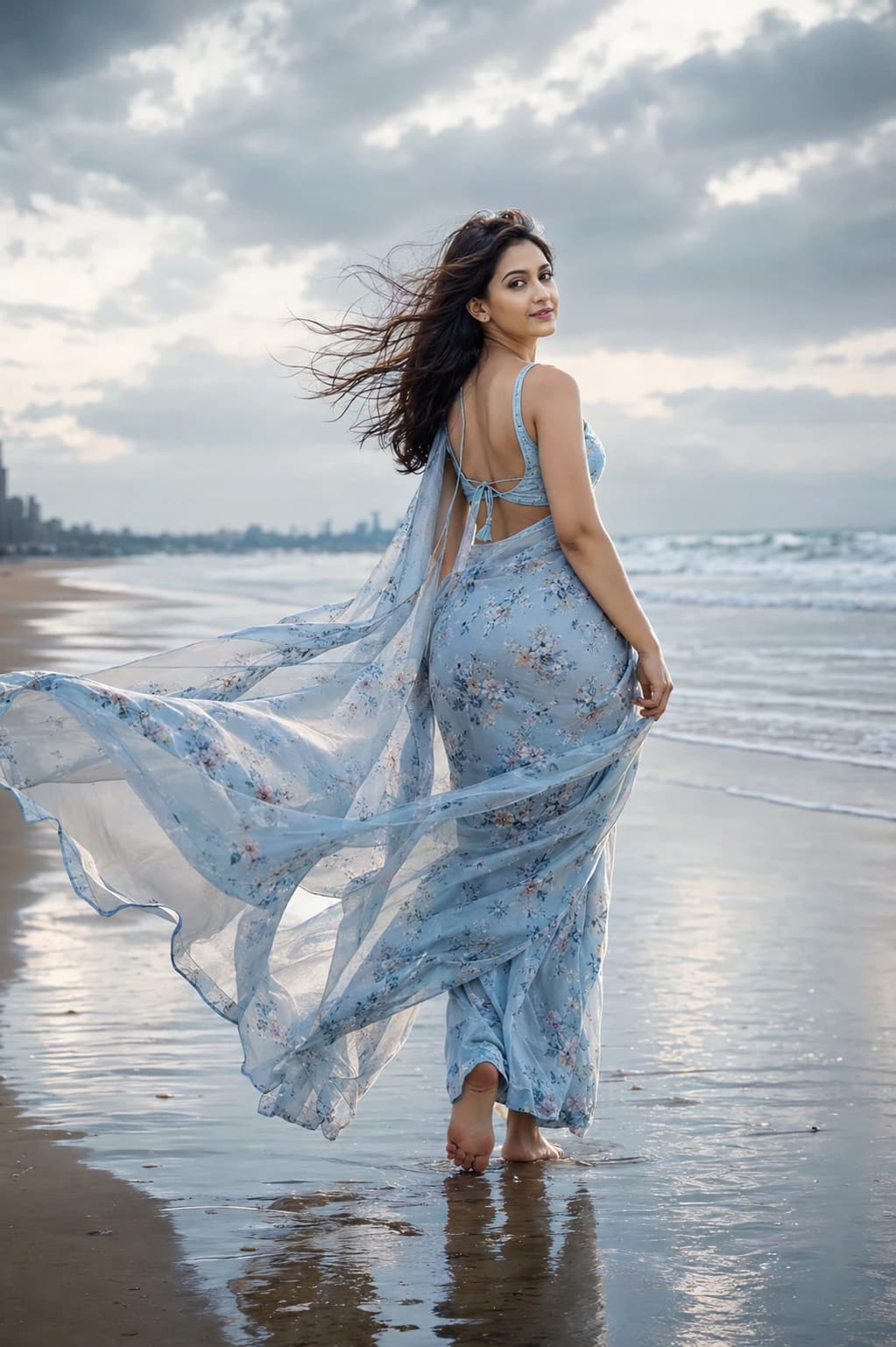 Monsoon Saree Beach Portrait AI photo style example on PromptKosh