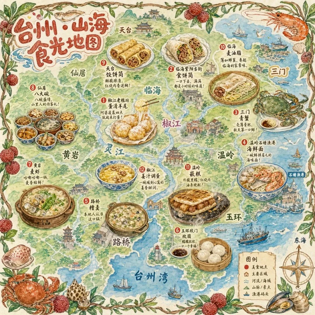 Taizhou Hand-Drawn Culinary Travel Map Infographic AI photo prompt example on PromptKosh