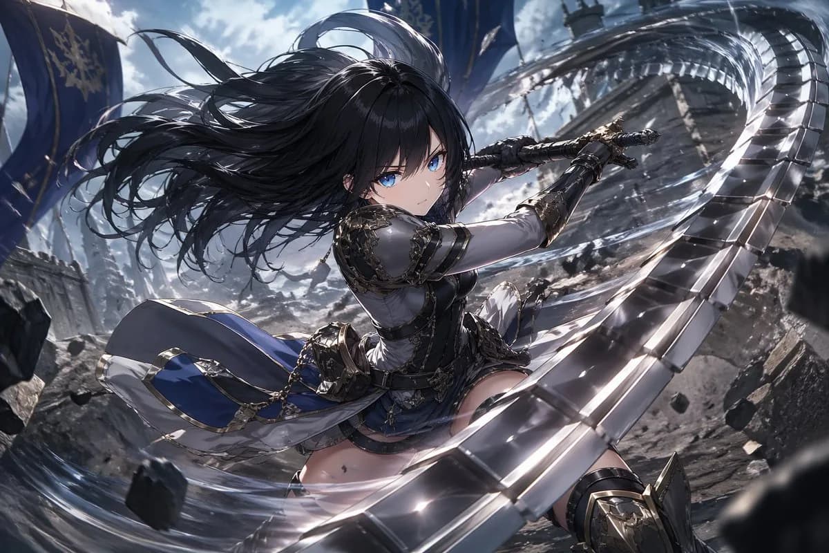 Silver-Haired Anime Warrior Fantasy Battle Stance AI photo prompt example on PromptKosh