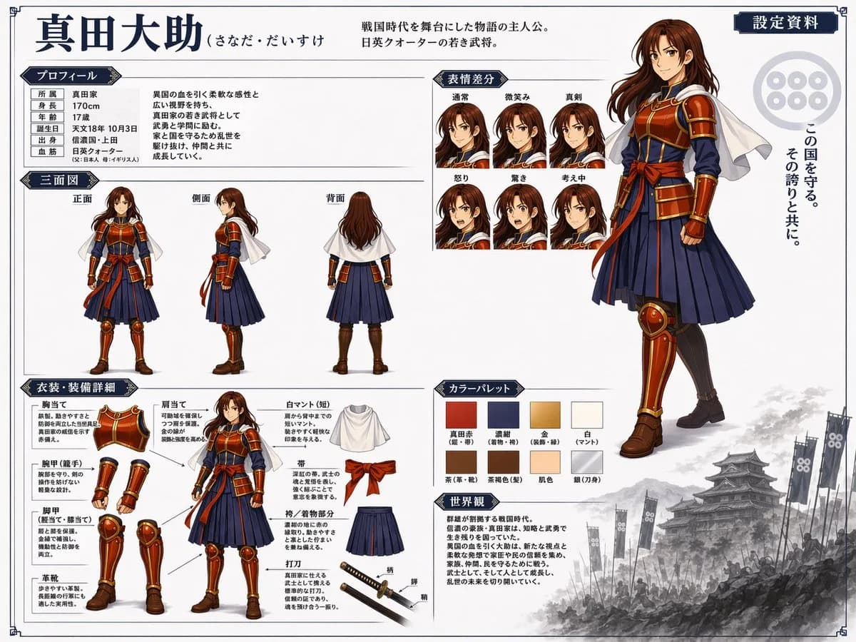 Samurai Commander Anime Character Reference Sheet AI photo prompt example on PromptKosh