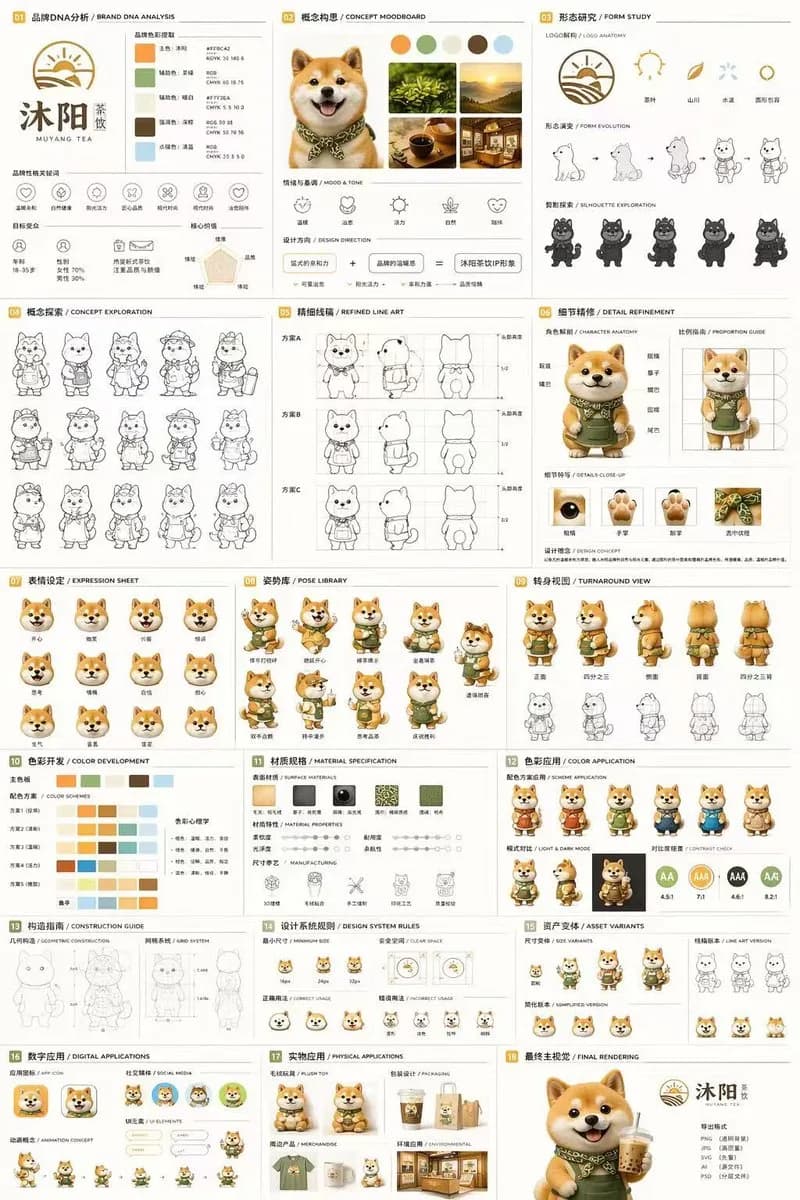 Muyang Tea Shiba Inu Mascot Identity Document AI photo prompt example on PromptKosh