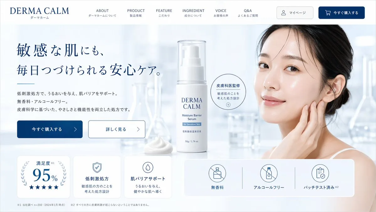 Derma Calm Skincare E-Commerce Landing Page AI photo prompt example on PromptKosh