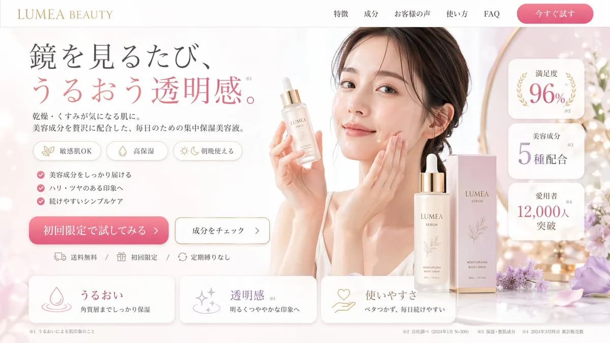 Hydrating Skincare Landing Page Hero Section AI photo prompt example on PromptKosh
