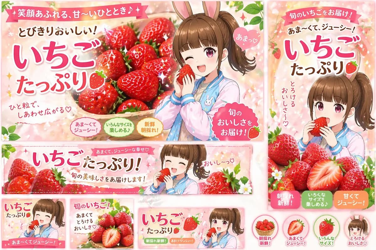 Japanese Strawberry Promotional Banner Set AI photo style example on PromptKosh