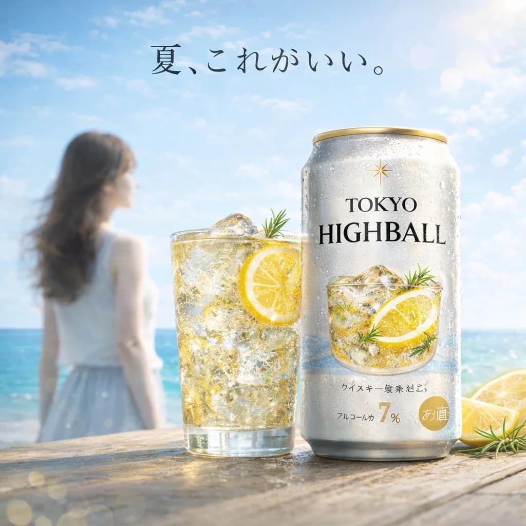 Tokyo Highball Summer Beverage Product Photography AI photo prompt example on PromptKosh