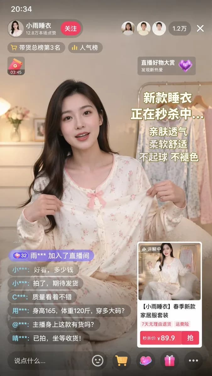 Pajama E-Commerce Livestream Shopping UI Mockup AI photo prompt example on PromptKosh