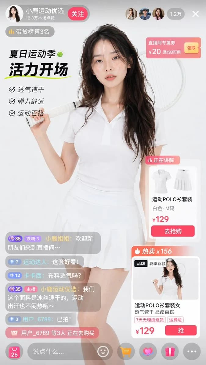 Tennis E-Commerce Livestream Interface Mockup AI photo prompt example on PromptKosh