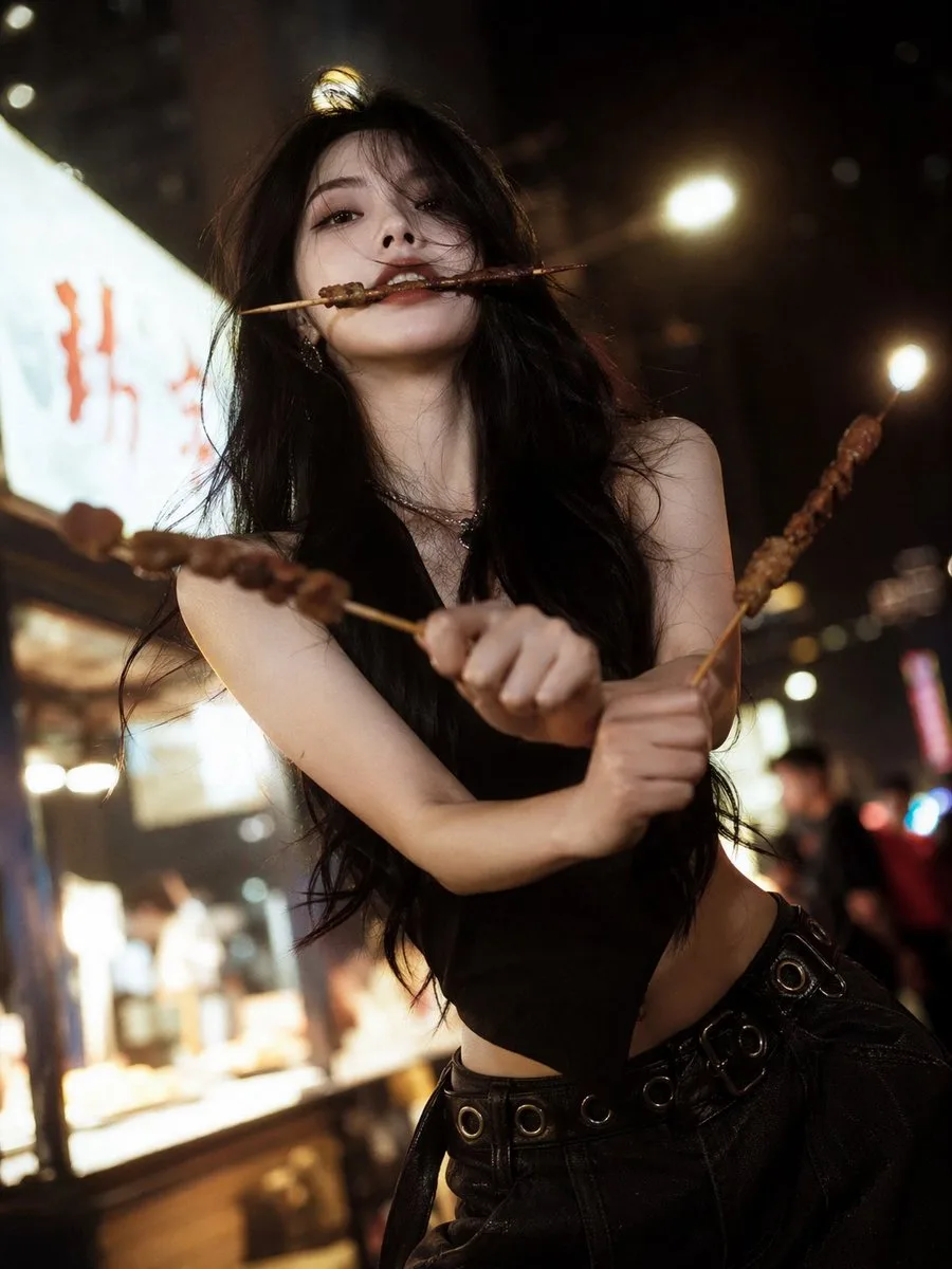 Cool Beauty Night Market Barbecue Three-Sword Style AI photo style example on PromptKosh