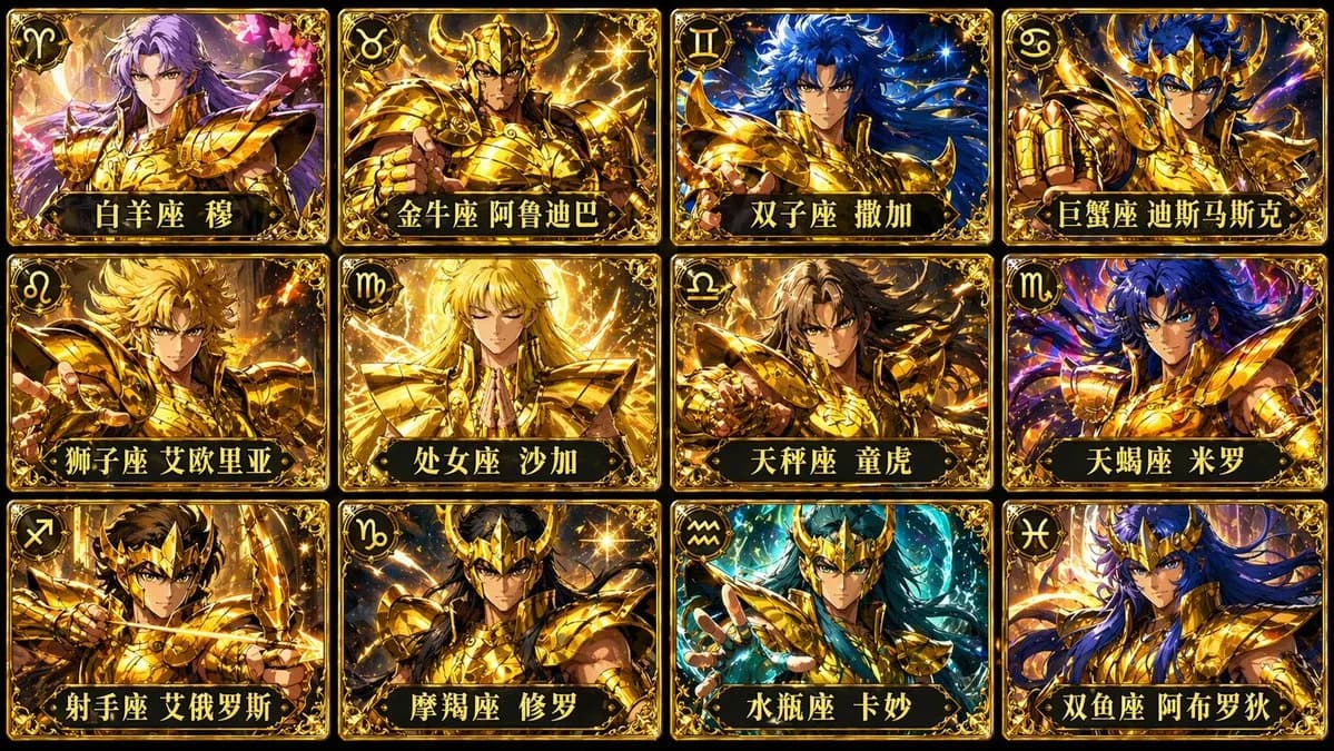 Twelve Gold Saints Zodiac Card Collection AI photo style example on PromptKosh