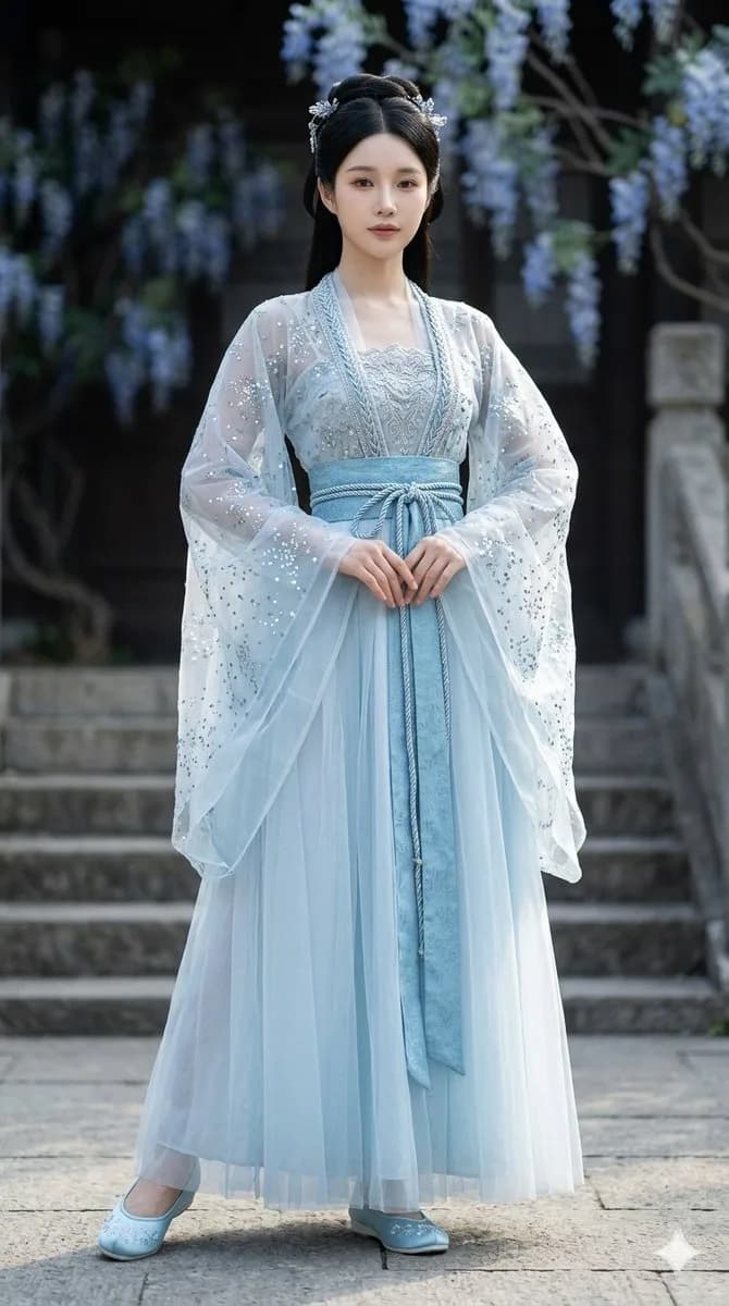Celestial Ice Blue Embroidered Ruqun Hanfu AI photo style example on PromptKosh