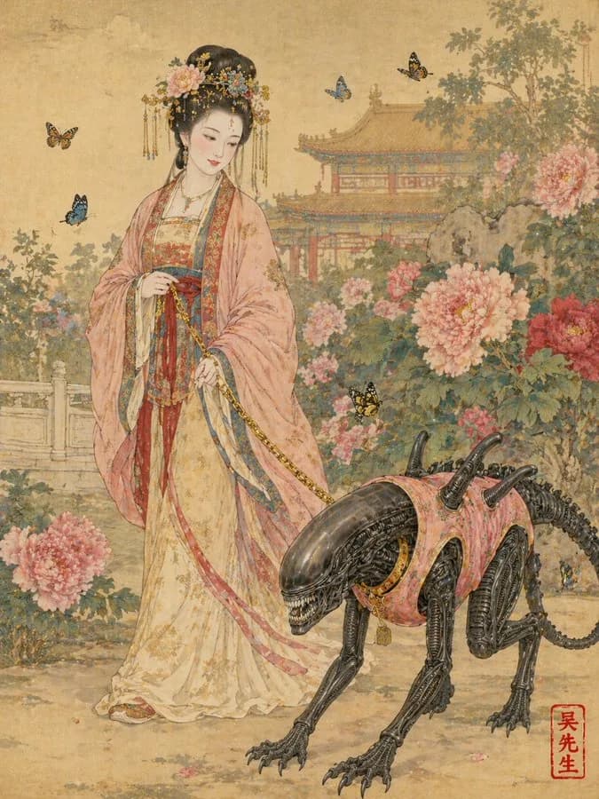 Tang Dynasty Court Lady and Sci-Fi Pet Gongbi AI photo prompt example on PromptKosh