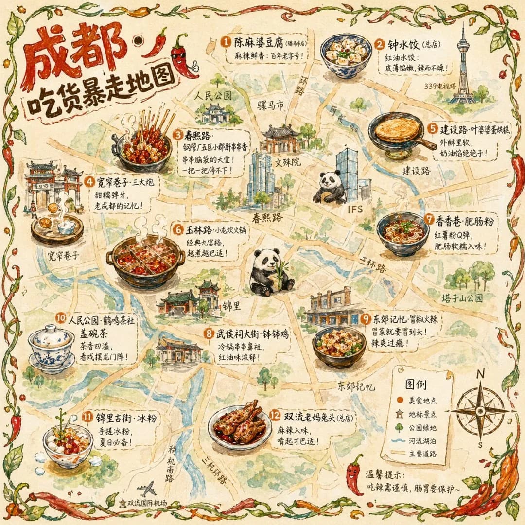 Chengdu Hand-Drawn Foodie Travel Map Infographic AI photo prompt example on PromptKosh