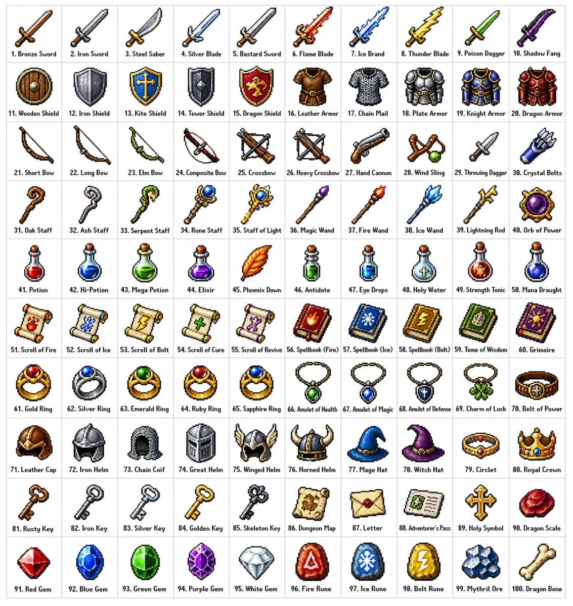 Fantasy RPG Pixel Art 10x10 Sprite Grid AI photo style example on PromptKosh