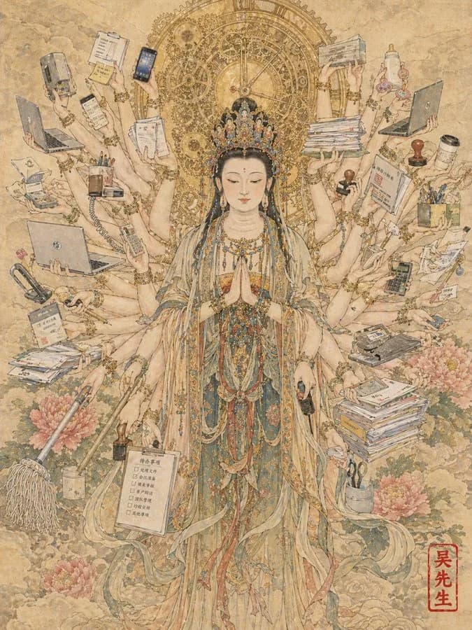 Modern Working Life Thousand-Hand Guanyin AI photo prompt example on PromptKosh