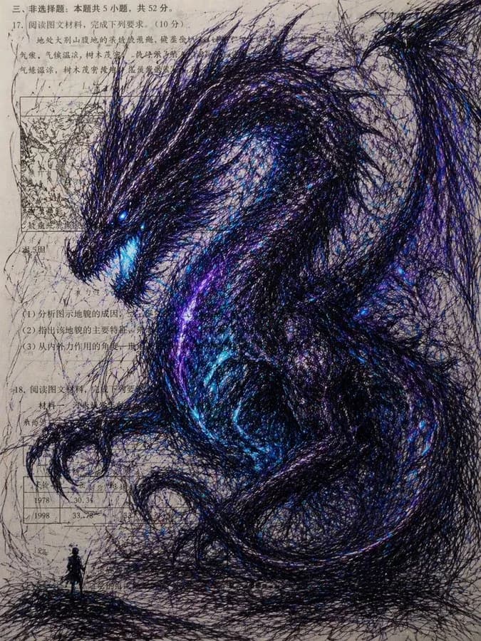 Ballpoint Scribble Colossal Dragon on Exam Sheet AI photo style example on PromptKosh