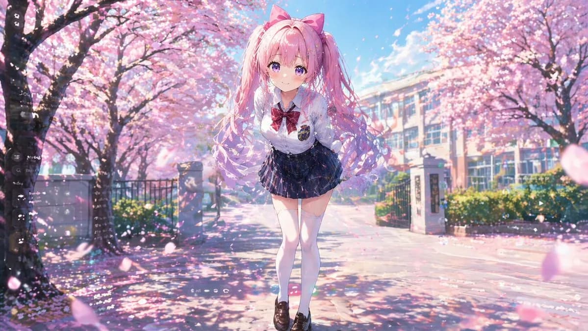 Cherry Blossom Twin-Tail Anime Student Portrait AI photo prompt example on PromptKosh