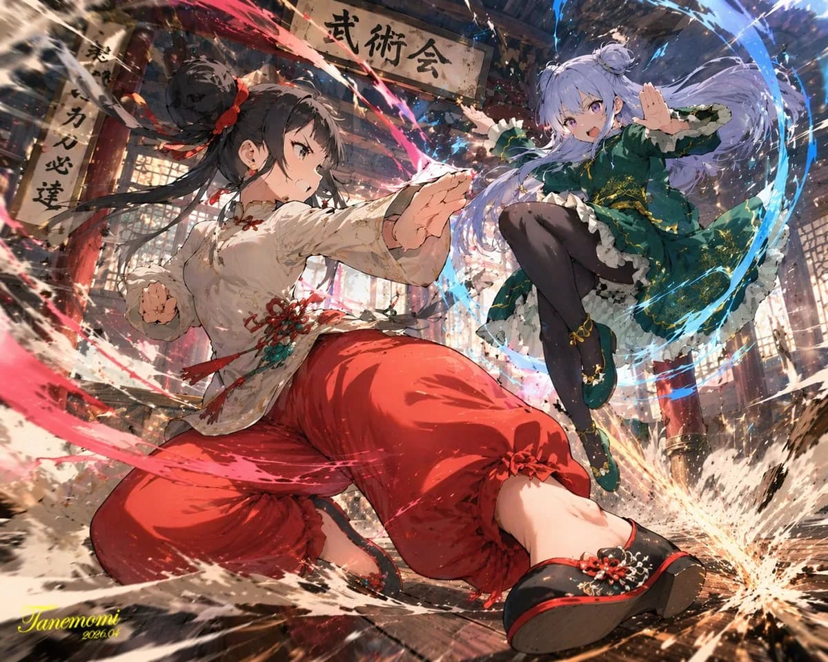 Anime Martial Arts Dojo Duel Action Illustration AI photo prompt example on PromptKosh