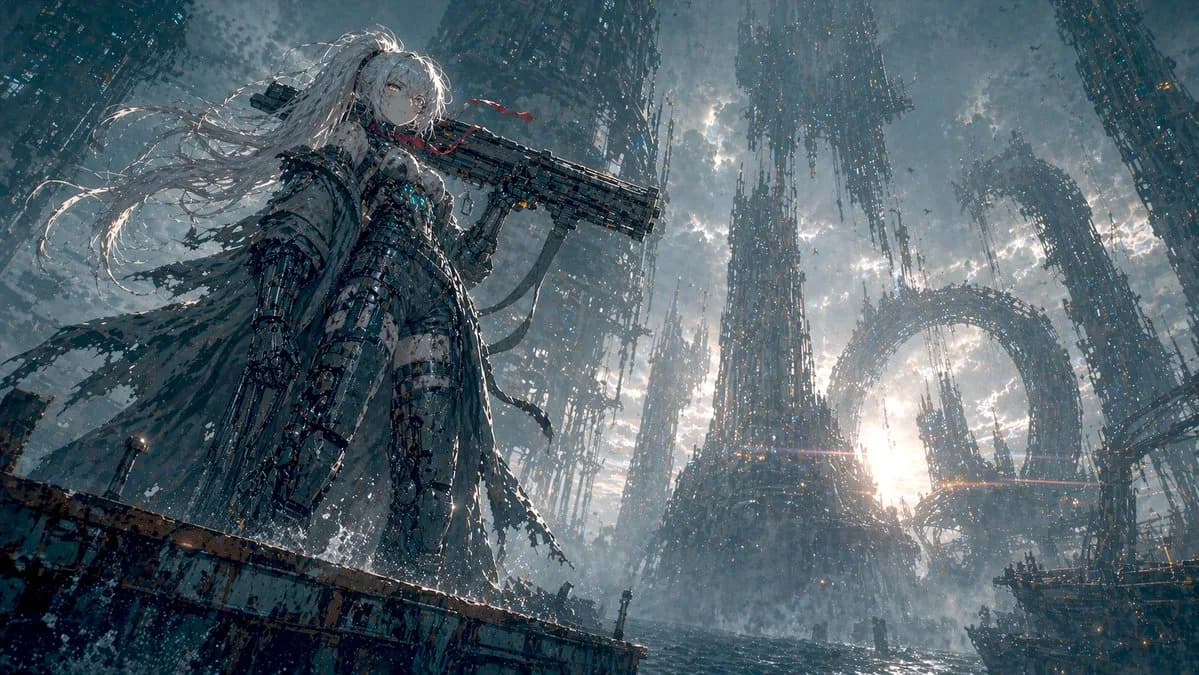 Mecha Pilot Girl on Sunken Coastal Ruins AI photo style example on PromptKosh