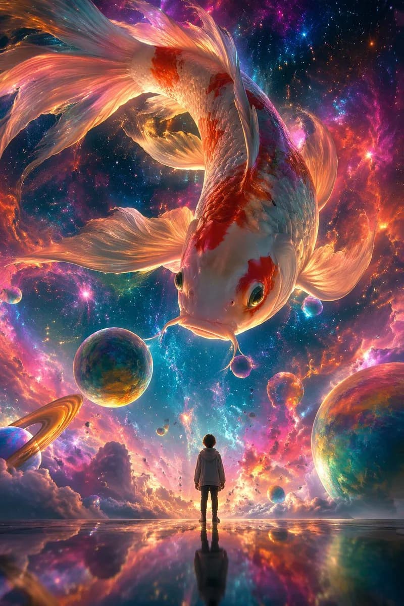 Cosmic Nebula Koi and Stargazer Digital Art AI photo style example on PromptKosh