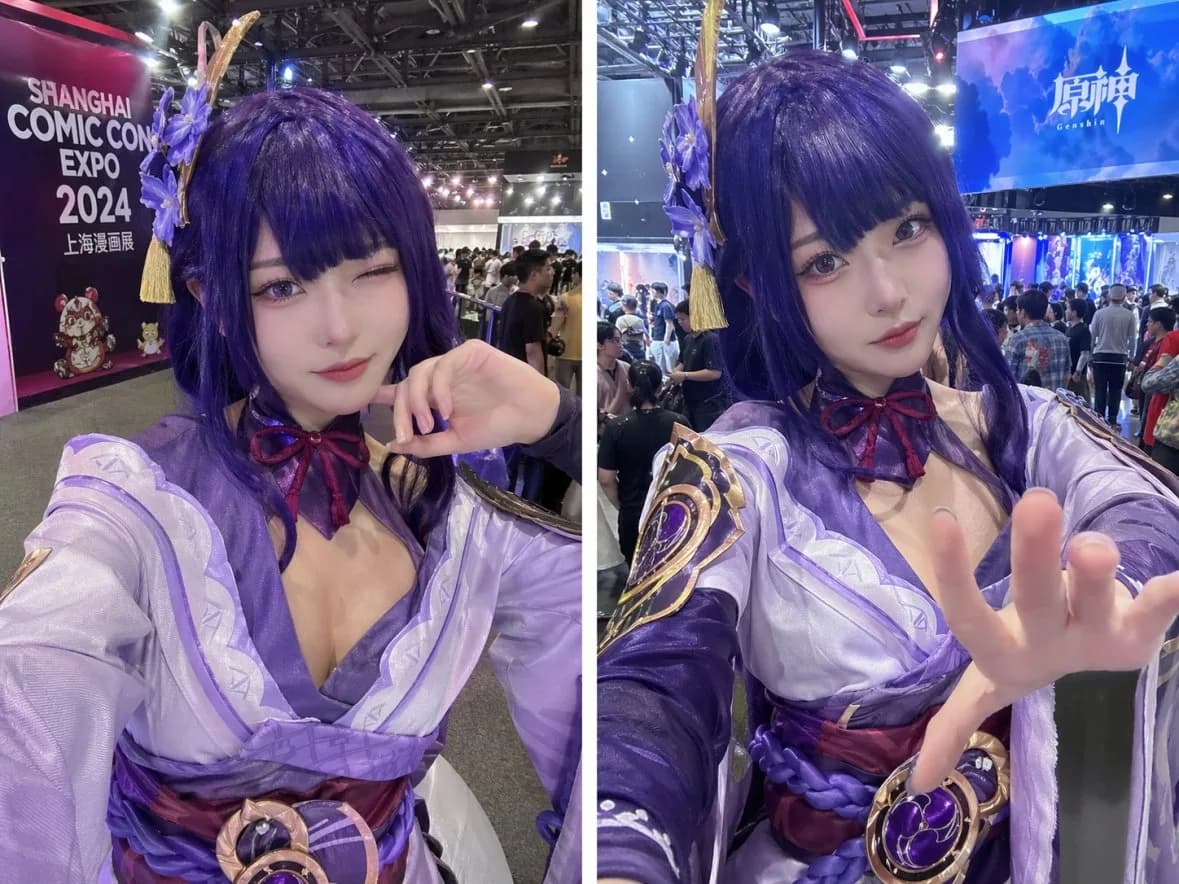 Genshin Impact Cosplay Convention Floor Selfies AI photo style example on PromptKosh