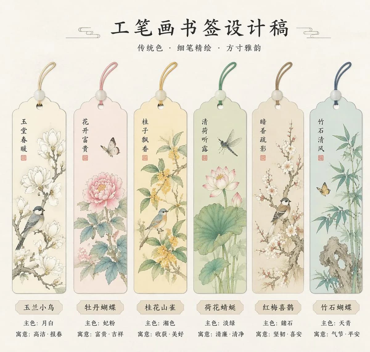 Classical Gongbi Floral and Bird Bookmark Suite AI photo style example on PromptKosh