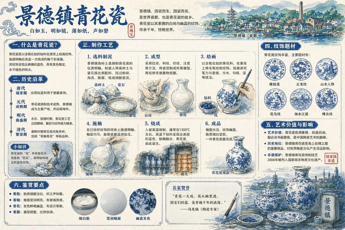 Jingdezhen Blue and White Porcelain Infographic AI photo prompt example on PromptKosh